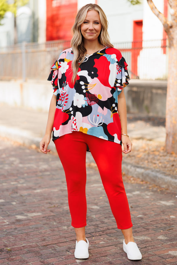 Chic Soul plus size clothing, bold black floral top with flutter sleeves