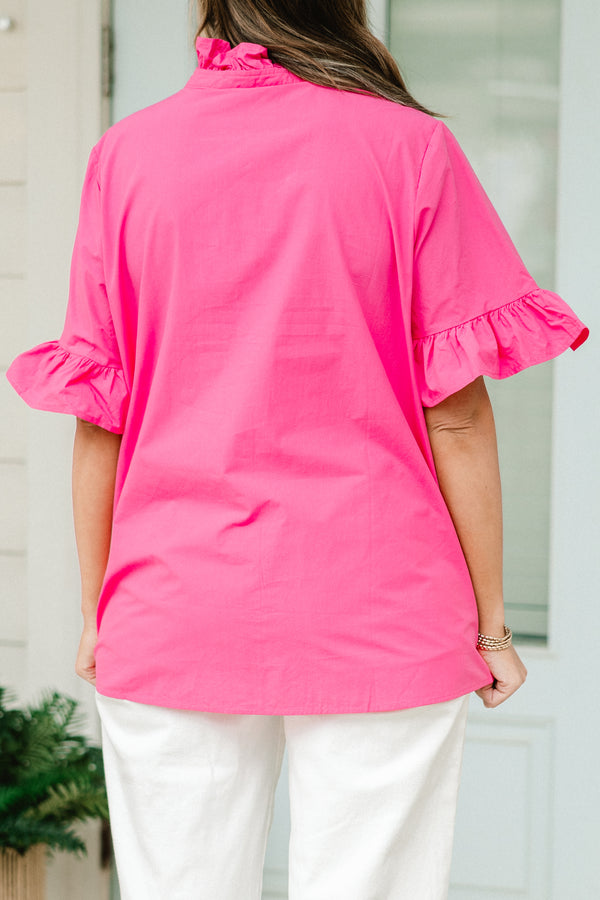 Chic Soul plus size clothing, pink short sleeve top with button down front and flutter sleeves