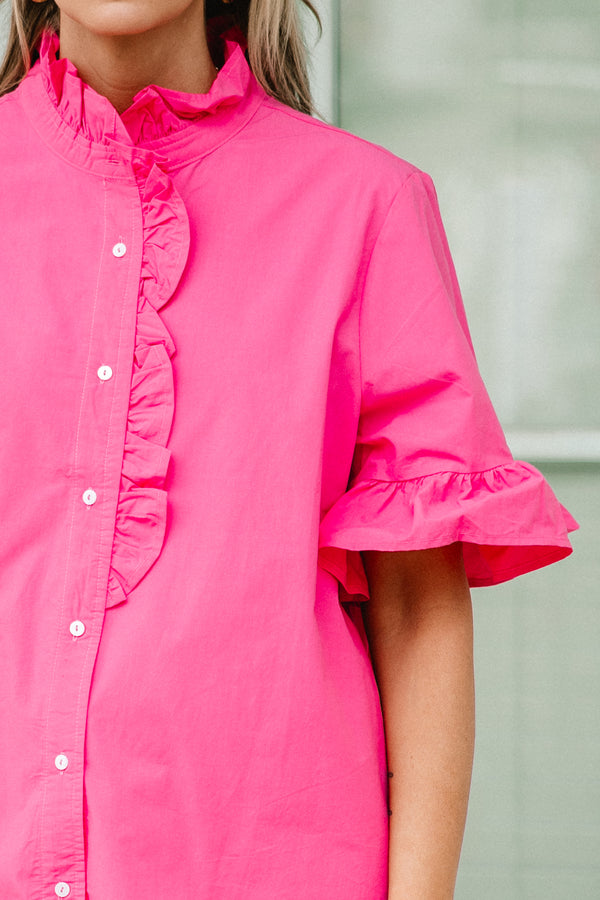 Chic Soul plus size clothing, short-sleeve hot pink ruffled button-down top with white button detailing and a ruffled collar