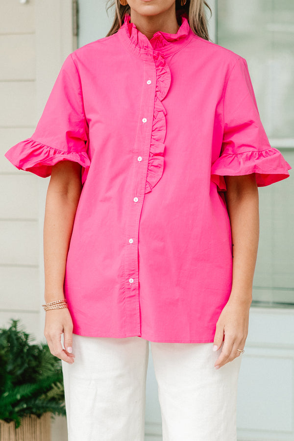 Chic Soul plus size clothing, short-sleeve hot pink ruffled button-down top with white button detailing and a ruffled collar