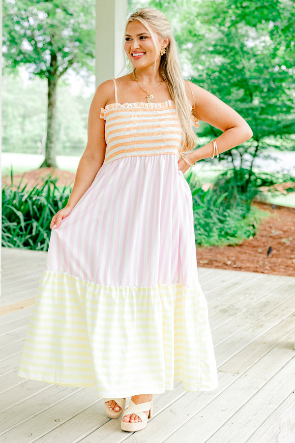 Chic Soul plus size clothing, creamsicle stripe tiered spaghetti strap maxi dress with smocked orange stripe top with pink stripe skirt with yellow stripe bottom tier