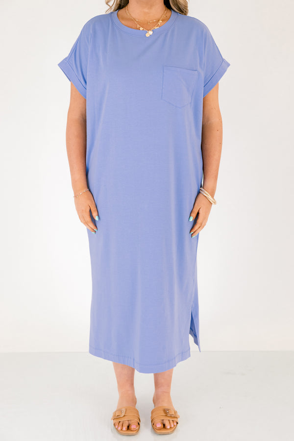 Chic Soul plus size clothing, cornflower blue long midi dress with left breast pocket, two pockets on the side near hips and slit along the sides of the bottom of the dress