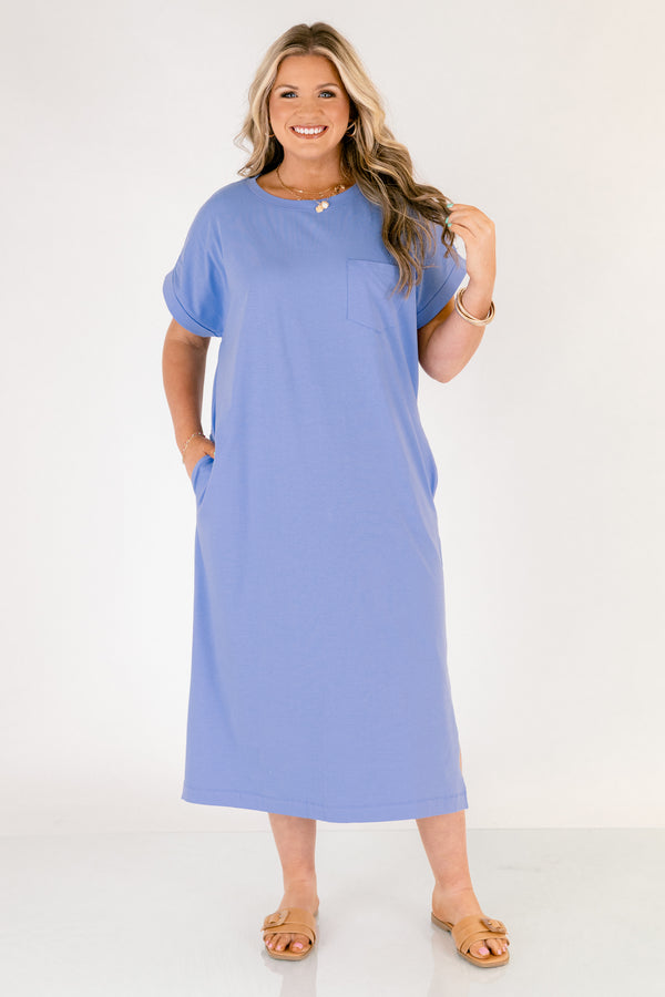 Chic Soul plus size clothing, cornflower blue long midi dress with left breast pocket, two pockets on the side near hips and slit along the sides of the bottom of the dress