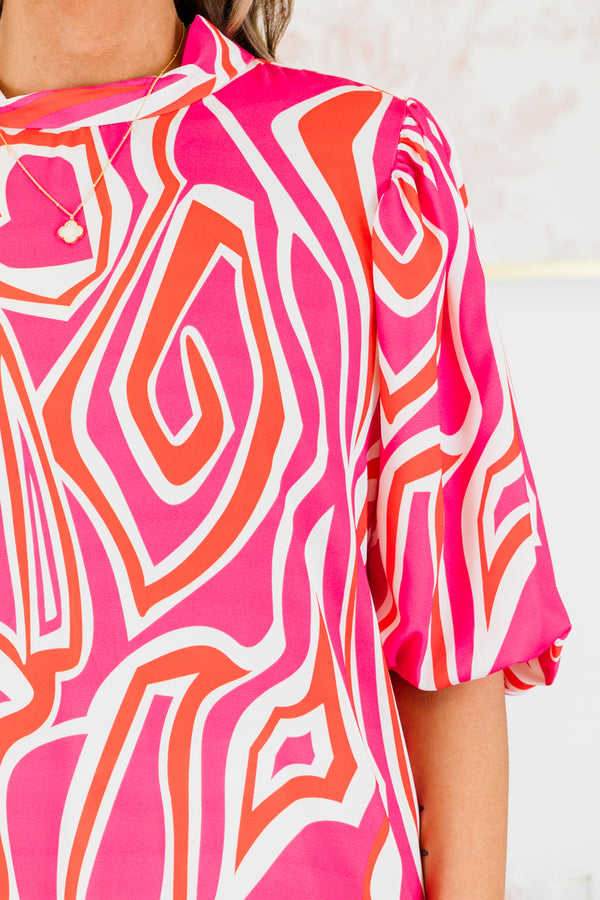Chic Soul plus size clothing, vibrant pink and orange abstract pattern top with puff sleeves and a high neckline