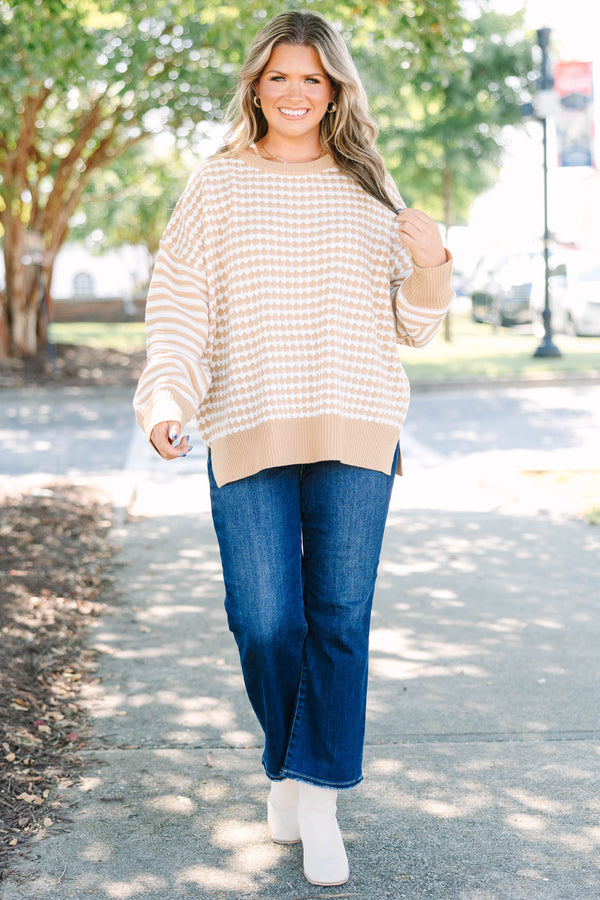 Plus size clothing, brown and white gingham sweater