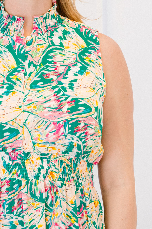 Chic Soul plus size clothing, sleeveless high collared neckline green abstract floral patterned maxi dress with a smocked waistline 