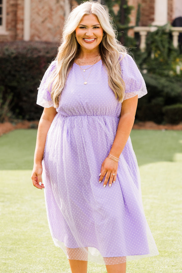 Chic Soul plus size clothing, lavender short sleeve midi dress with synched waist and mesh dotted layer
