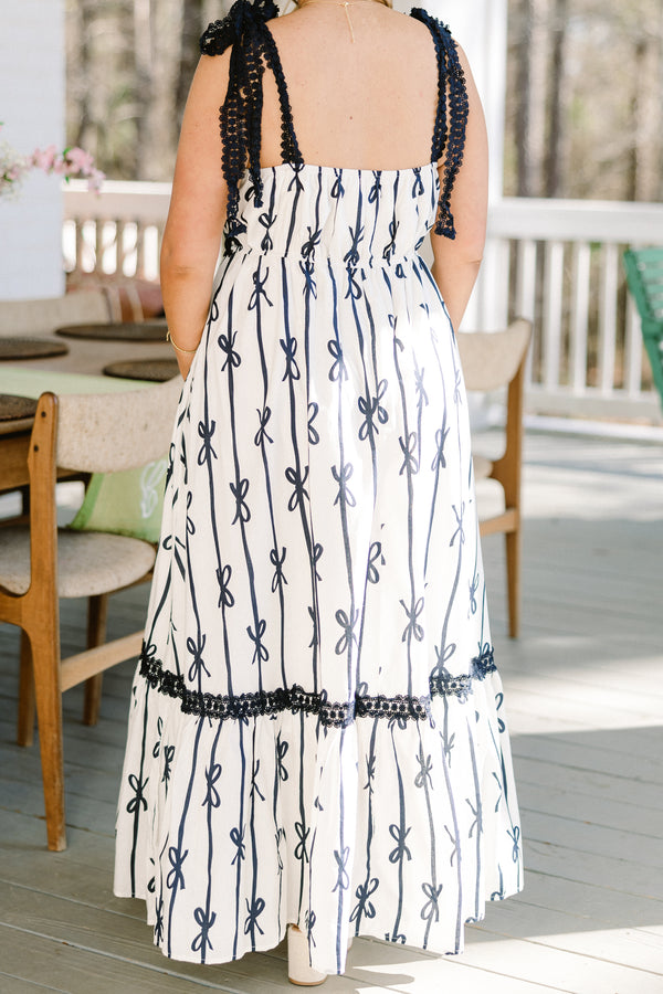 Chic Soul plus size clothing, white maxi dress with black lace trim detail with black bow design with bow tie straps with square neckline 