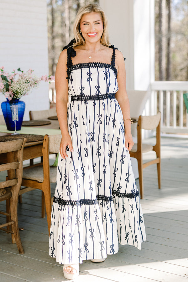 Chic Soul plus size clothing, white maxi dress with black lace trim detail with black bow design with bow tie straps with square neckline 