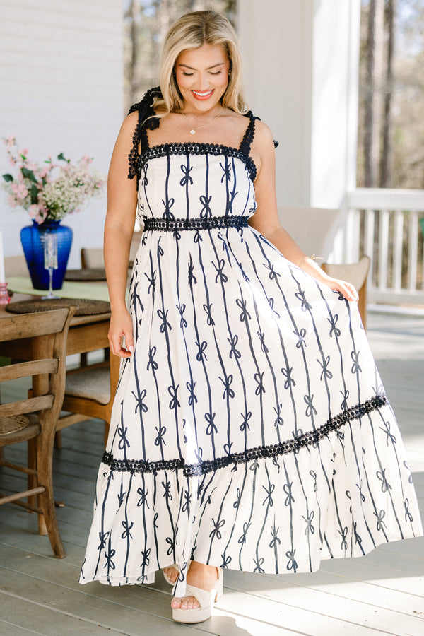 Chic Soul plus size clothing, white maxi dress with black lace trim detail with black bow design with bow tie straps with square neckline 