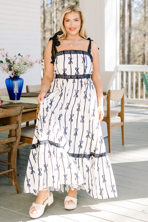 Chic Soul plus size clothing, white maxi dress with black lace trim detail with black bow design with bow tie straps with square neckline 