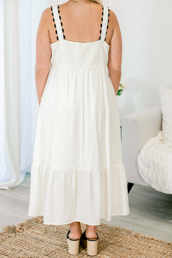 Plus Size cream maxi dress with black ric rac detailing, square neckline, and tiered skirt.