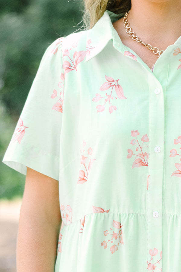 Plus Size mint green floral midi dress with short sleeves, a collared neckline, and button front.
