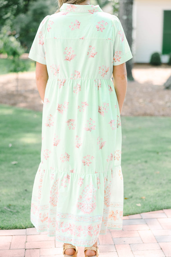Plus Size mint green floral midi dress with short sleeves, a collared neckline, and button front.