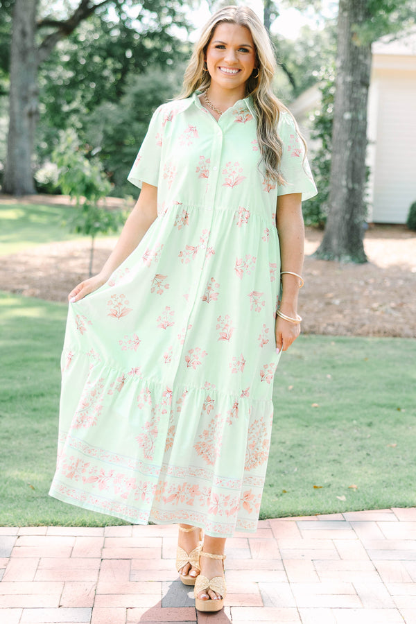 Plus Size mint green floral midi dress with short sleeves, a collared neckline, and button front.
