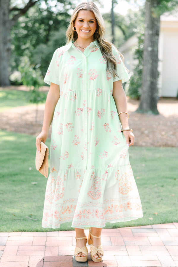 Plus Size mint green floral midi dress with short sleeves, a collared neckline, and button front.