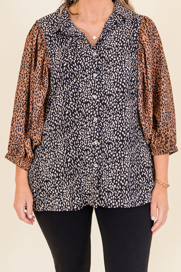 Chic Soul plus size clothing, black and brown long sleeve satin top with leopard print with black and white print along body and brown and black print on sleeves with button up detail and collar
