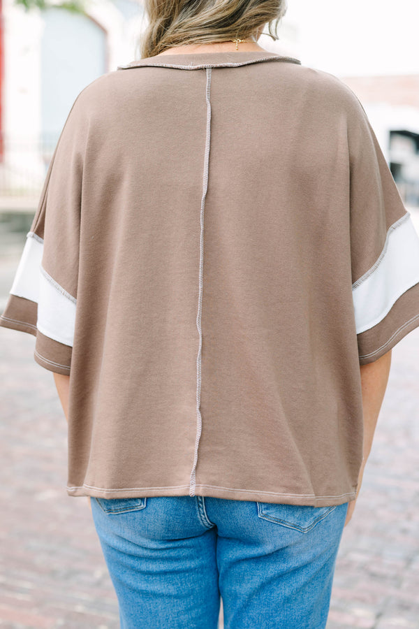 Plus Size mocha and white striped French terry top with exposed seams and a relaxed fit.