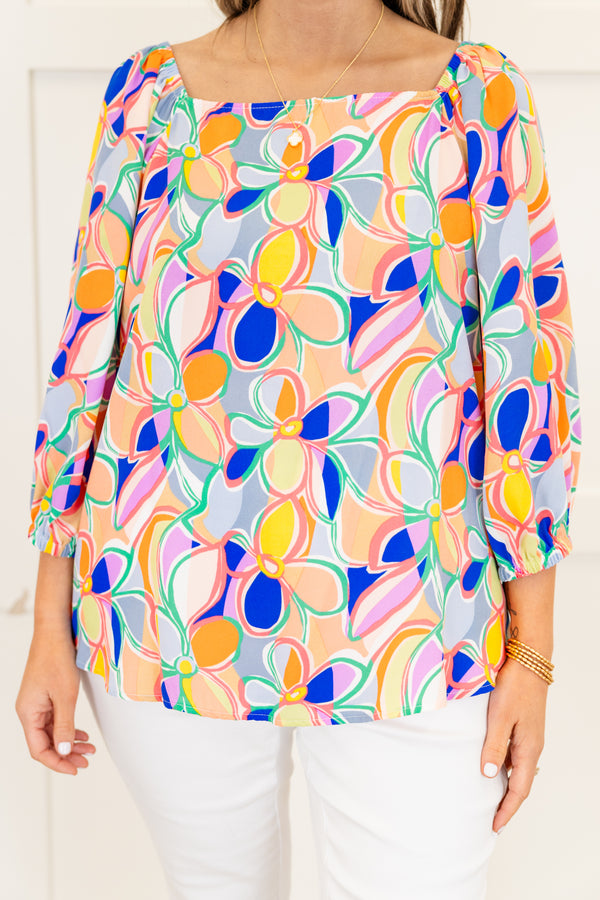 Chic Soul plus size clothing, blue multi abstract pattern three quarter length sleeve top with square neckline