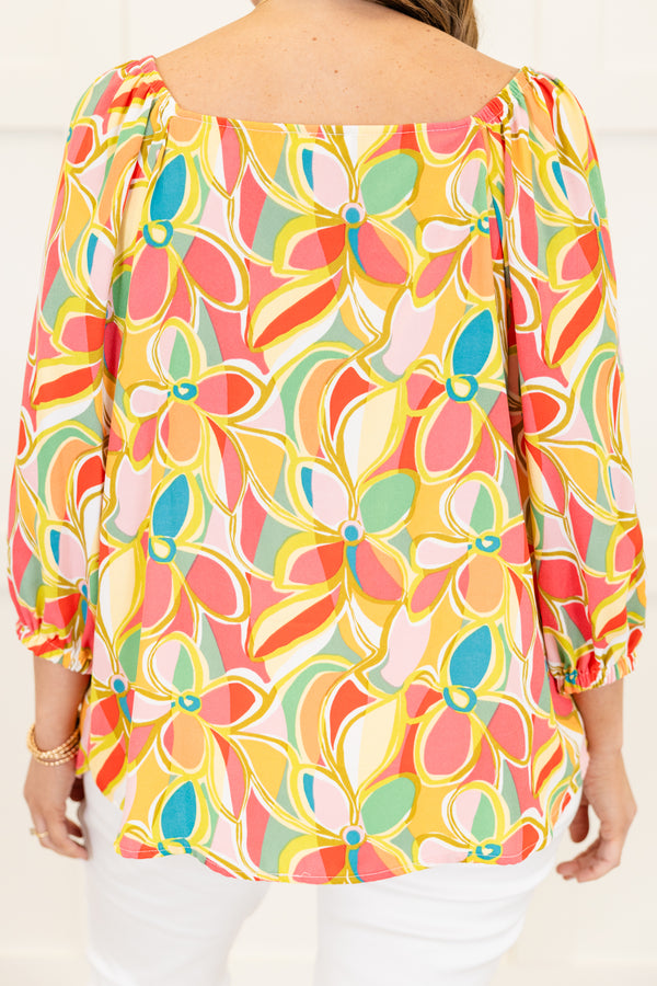 Chic Soul plus size clothing, quarter-sleeve square-neckline pink top with a yellow and orange abstract geometric floral pattern 