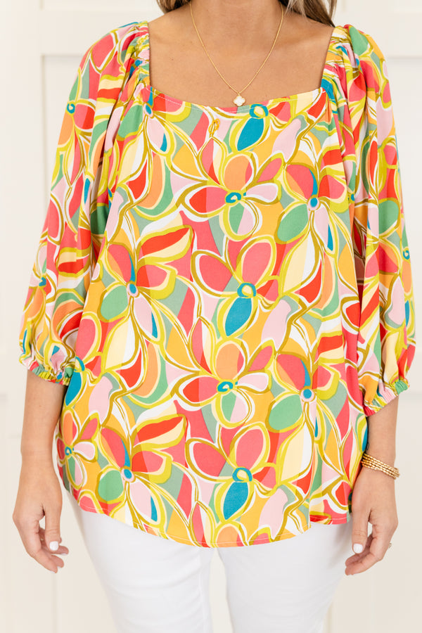 Chic Soul plus size clothing, quarter-sleeve square-neckline pink top with a yellow and orange abstract geometric floral pattern 
