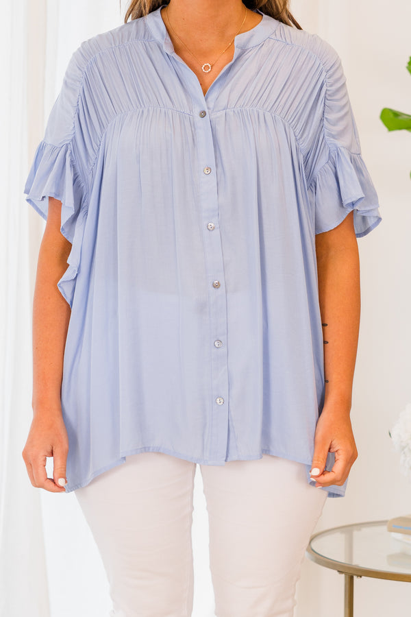 Chic Soul plus size clothing, chambray blue button down flowy top