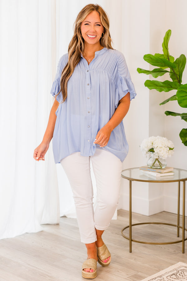 Chic Soul plus size clothing, chambray blue button down flowy top