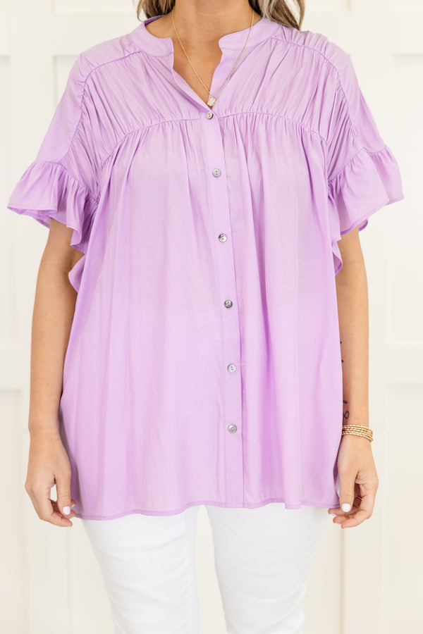 Chic Soul plus size clothing, lilac flutter short sleeve button down top