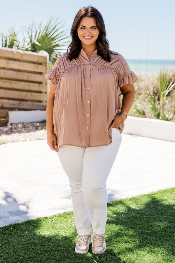 Chic Soul plus size clothing, ruffled-short-sleeve mocha brown buttoned top with a smocked ruffled neckline and silver button detailing