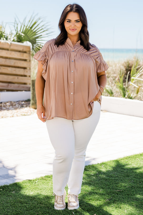 Chic Soul plus size clothing, ruffled-short-sleeve mocha brown buttoned top with a smocked ruffled neckline and silver button detailing