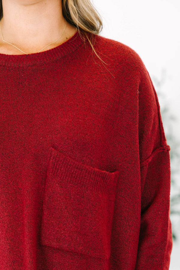 Chic Soul plus size clothing, Heather burgundy long sleeve sweater with a pocket of the left side of the chest