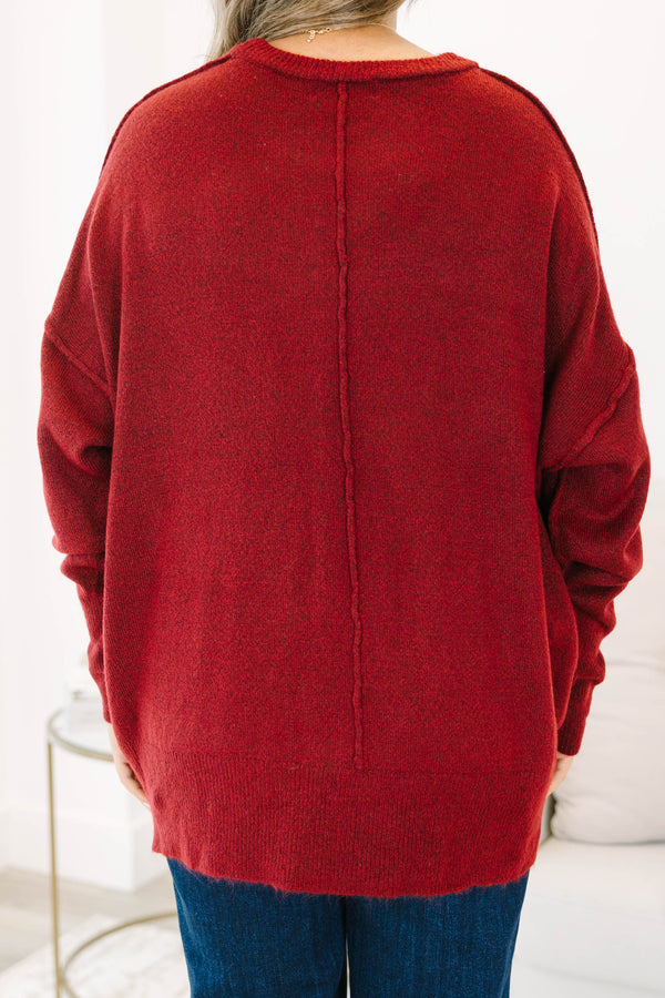 Chic Soul plus size clothing, Heather burgundy long sleeve sweater with a pocket of the left side of the chest