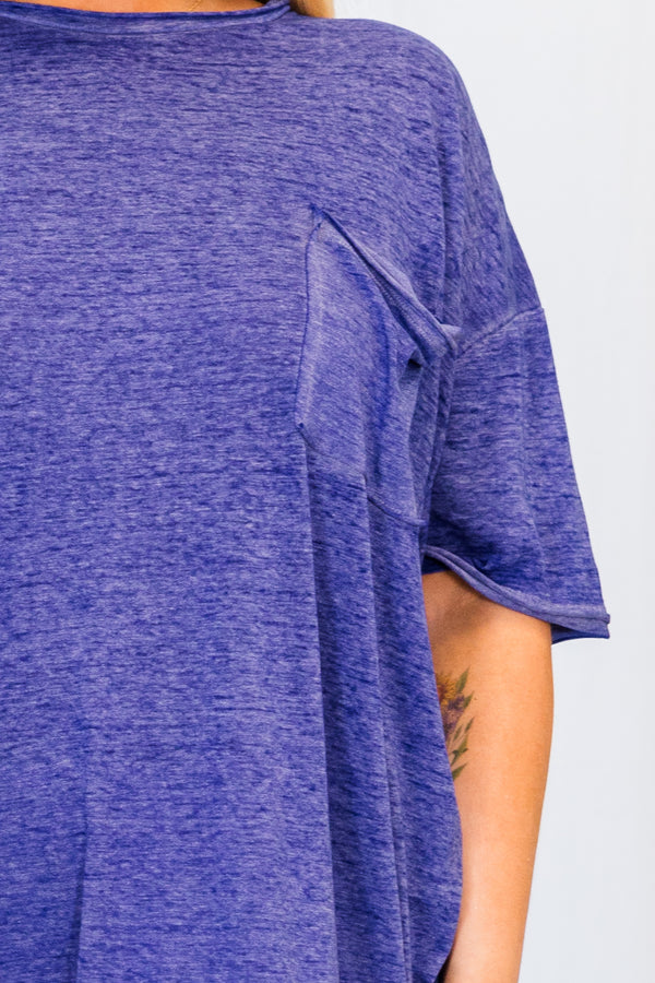 Chic Soul plus size clothing, bright blue mineral wash top with chest pocket