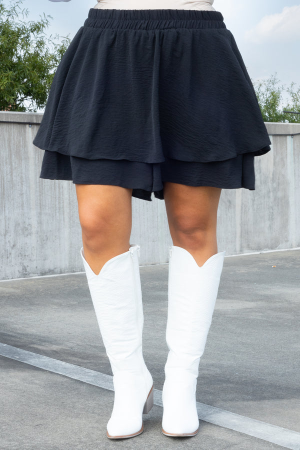 Chic Soul plus size clothing, black ruffle tiered flowy skort with an elastic waistband