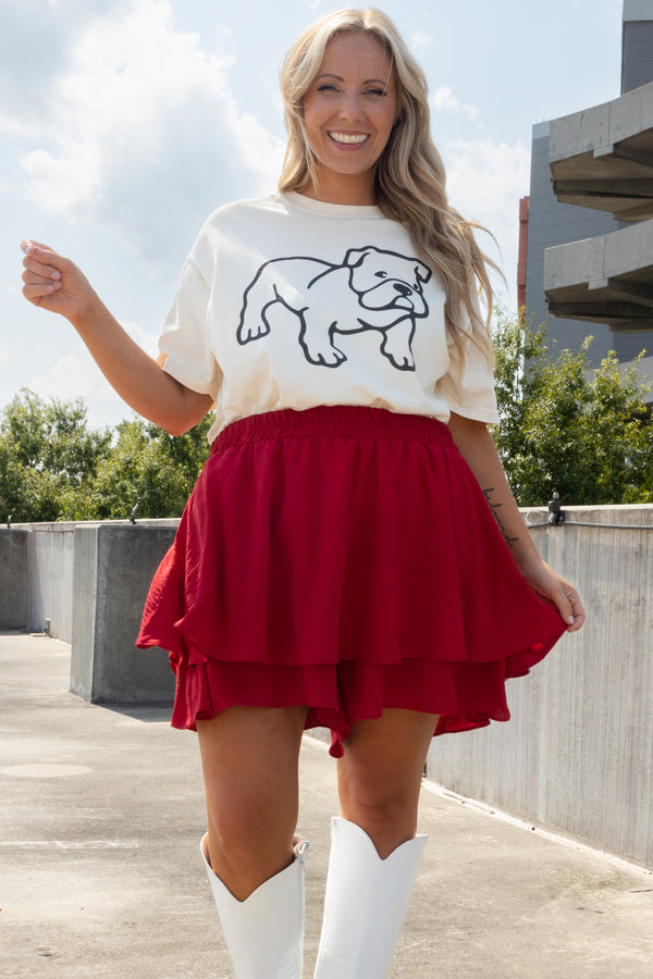 Chic Soul plus size clothing, red ruffle tiered flowy skort with an elastic waistband