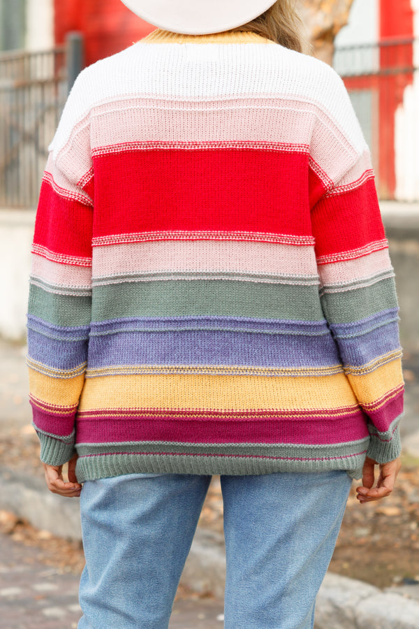 Chic Soul plus size clothing, red multicolored striped pattern sweater