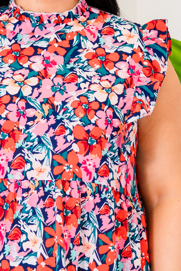 Chic Soul plus size clothing, multicolor floral pattern tiered flowy dress with ruffle sleeves and a high neckline