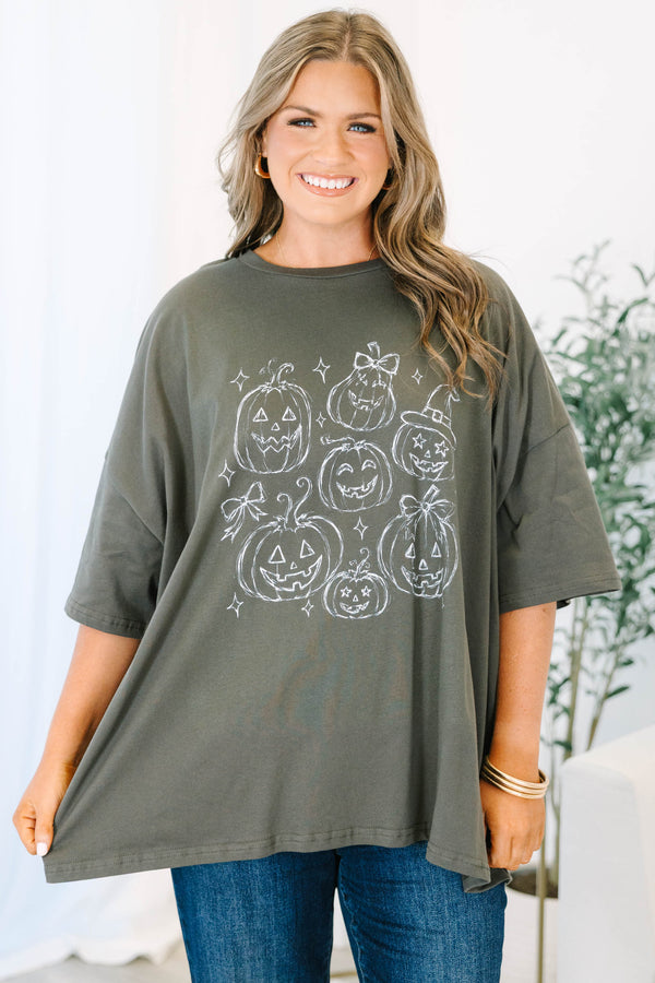 Plus Size smoke gray boyfriend tee with white hand-drawn pumpkin graphics and a crew neckline.