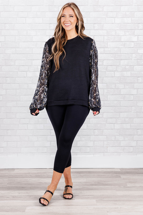 Chic Soul plus size clothing, Black top with black and white printed sleeves with cuff sleeve