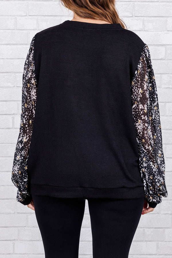 Chic Soul plus size clothing, Black top with black and white printed sleeves with cuff sleeve