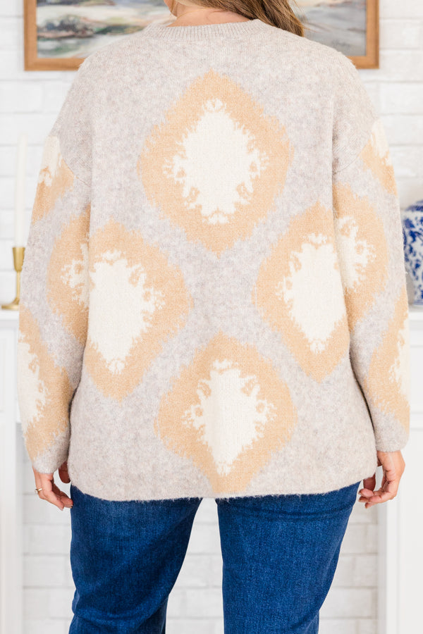 Chic Soul plus size clothing, long-sleeve gray sweater with crew-neckline and tan diamond pattern