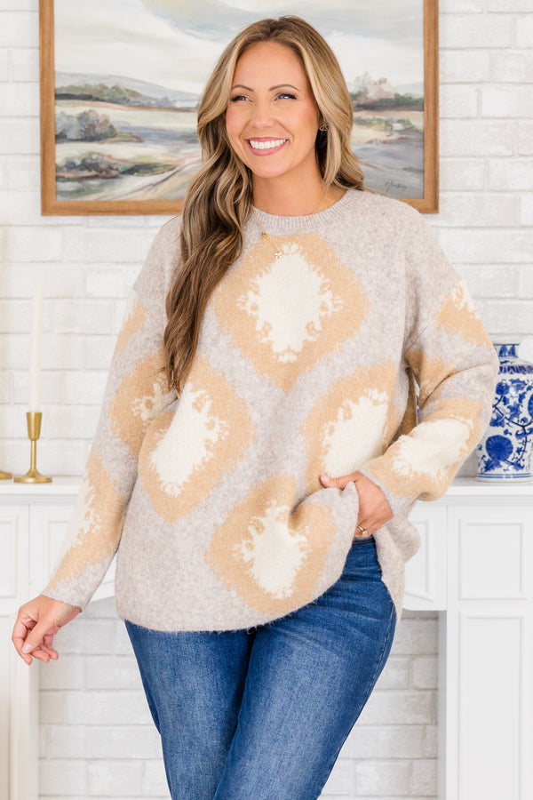 Chic Soul plus size clothing, long-sleeve gray sweater with crew-neckline and tan diamond pattern