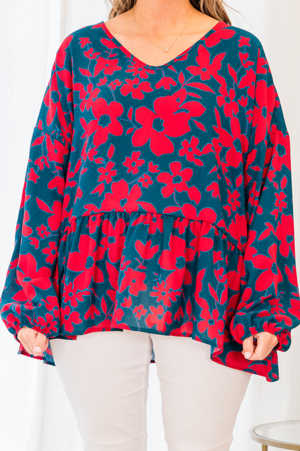 Chic Soul plus size clothing, dark teal long sleeve baby doll top with red floral details and ruffles