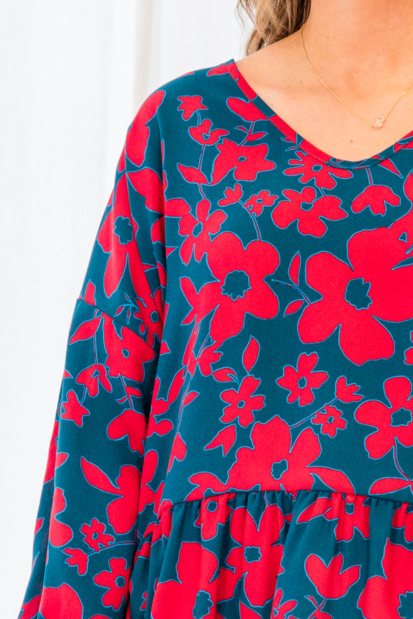 Chic Soul plus size clothing, dark teal long sleeve baby doll top with red floral details and ruffles