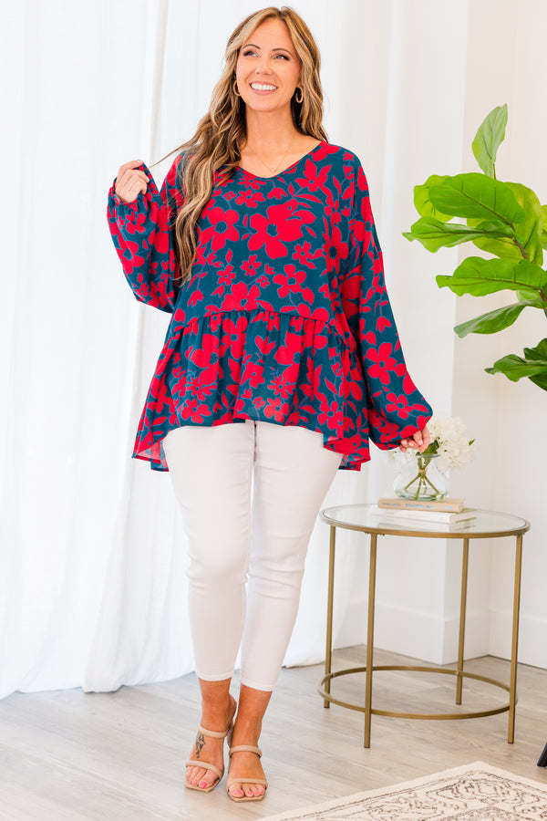 Chic Soul plus size clothing, dark teal long sleeve baby doll top with red floral details and ruffles