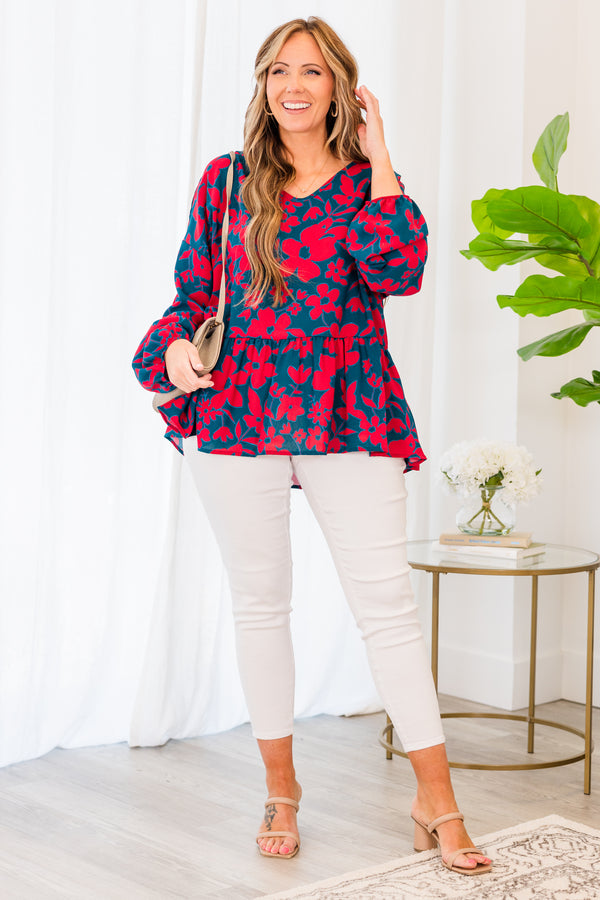 Chic Soul plus size clothing, dark teal long sleeve baby doll top with red floral details and ruffles