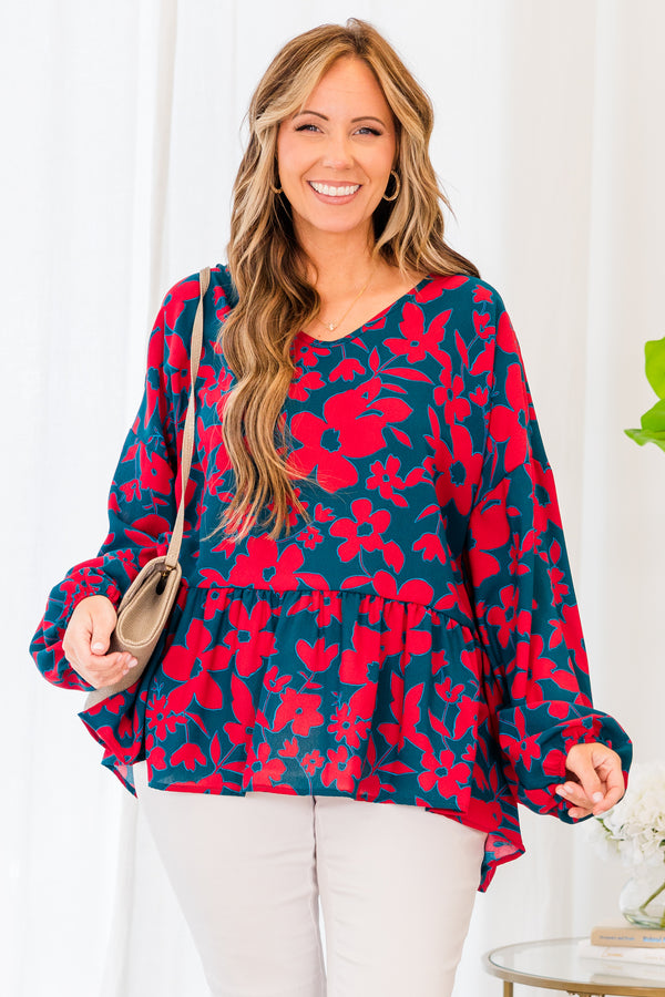 Chic Soul plus size clothing, dark teal long sleeve baby doll top with red floral details and ruffles