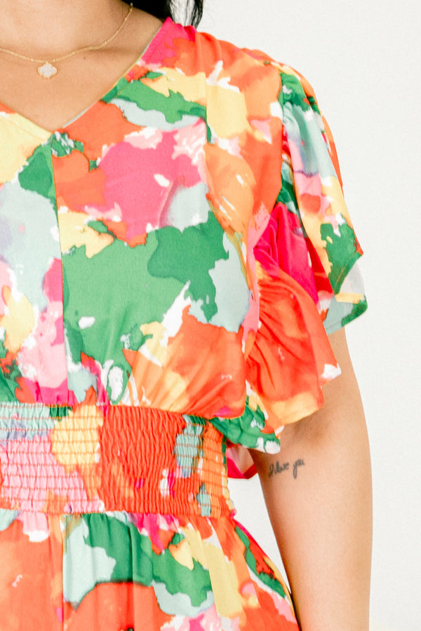 Chic Soul plus size clothing, multi-color romper with and abstract pattern and flutter sleeves 