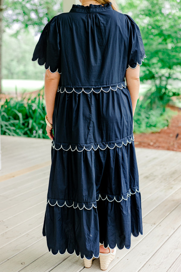 Chic Soul plus size clothing, navy blue v-neck short sleeve tiered midi dress with white trimmed scalloped detailing on sleeves and each tier