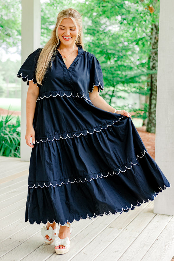 Chic Soul plus size clothing, navy blue v-neck short sleeve tiered midi dress with white trimmed scalloped detailing on sleeves and each tier